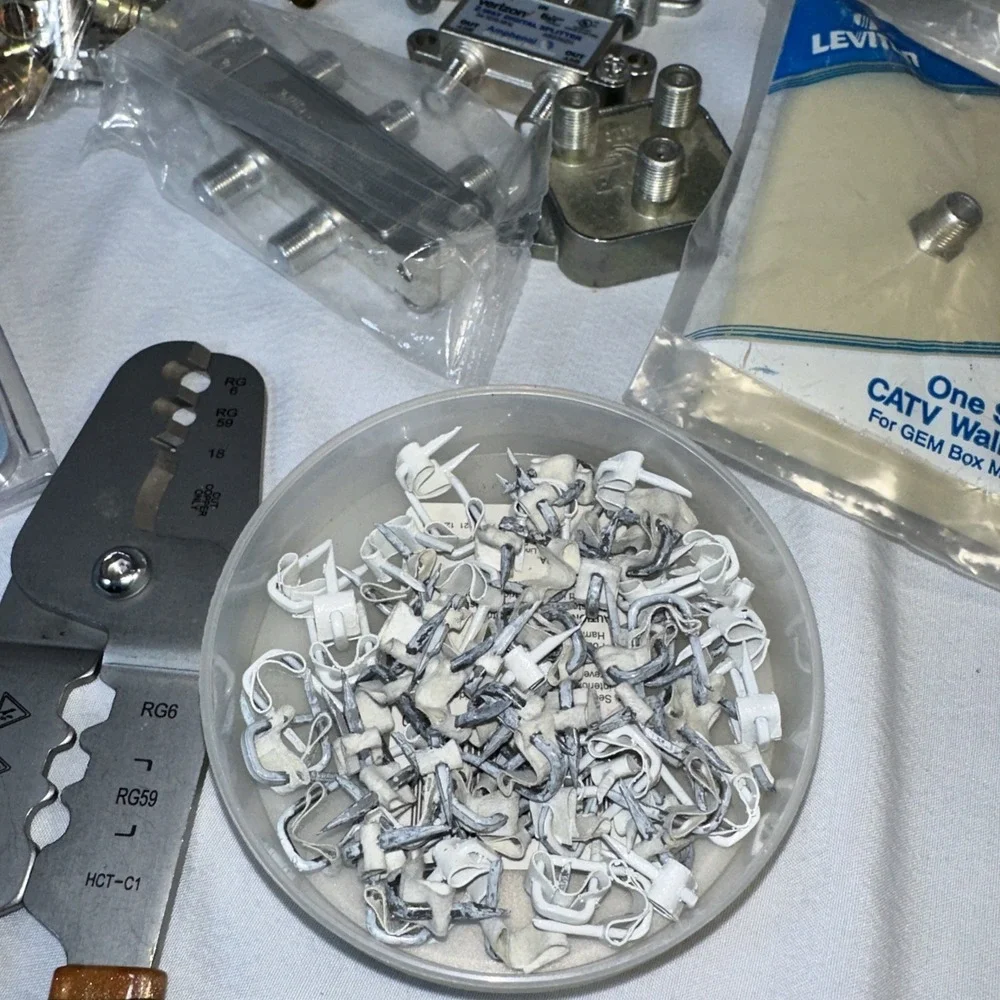 Lot Of Cable Installation Equipment : Crimps, Cable, Splitters, Wall Plates+
